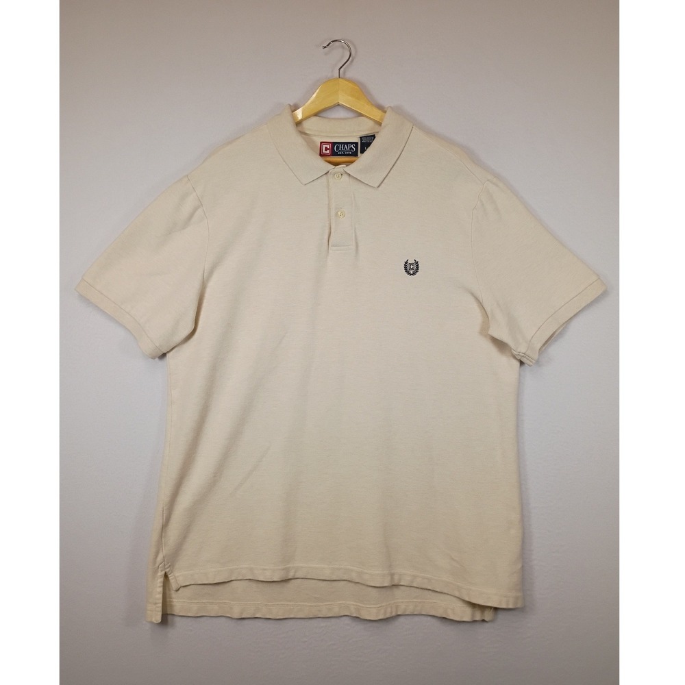 Preppy‎ Chaps Mens Large Cream Short Sleeve Embroidered Crest Cotton Polo Shirt